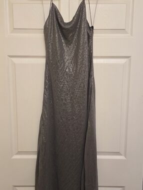 Satin Cowl Neck Spaghetti Strap Maxi Dress - Silver/Gray - L